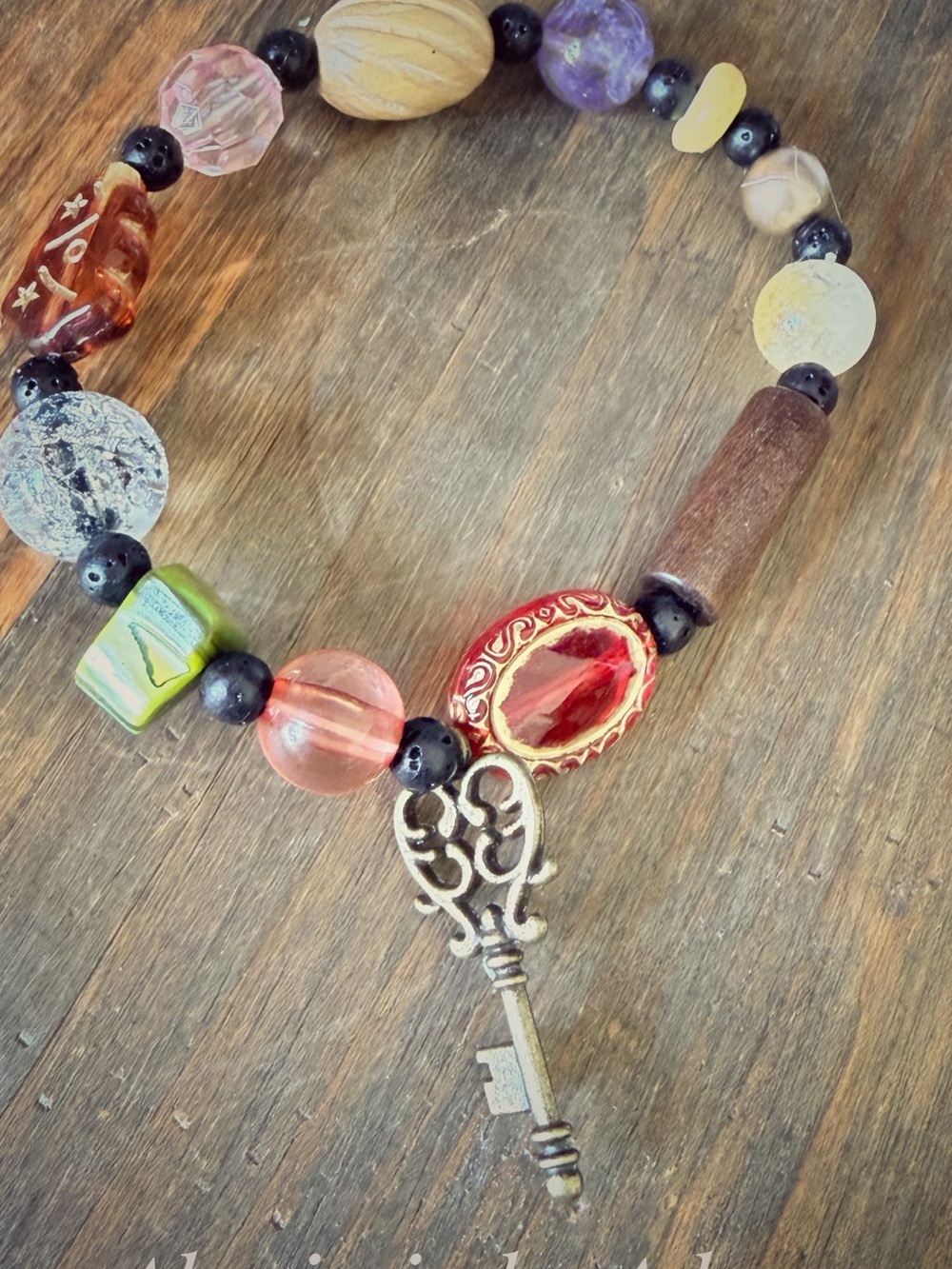 Semiprecious gemstones Multicolor Beaded Bracelet with Key Charm